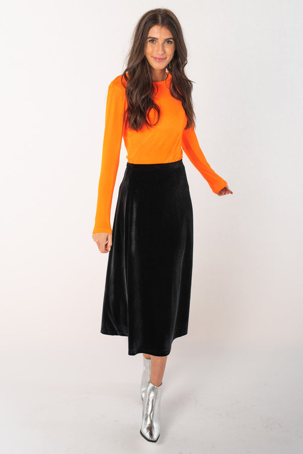 Midi Velvet Slip Skirt - Black