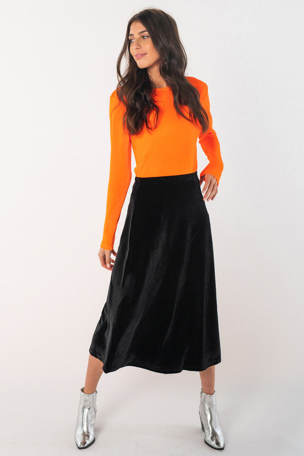 Midi Velvet Slip Skirt - Black